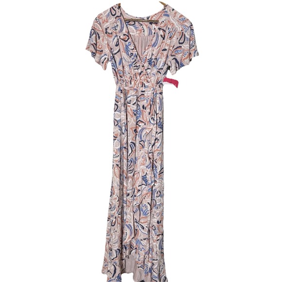 Ingrid & Isabel Maternity Dress Pink Floral Flutter Short Sleeve Knit Faux Wrap - Picture 1 of 9